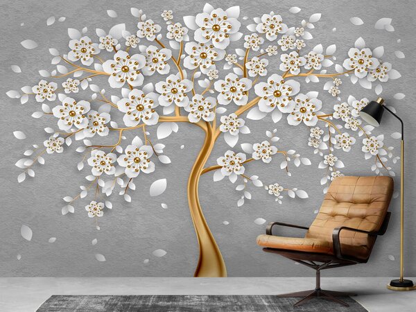 Carta da parati Albero con fiori e foglie bianche, Carta da parati 3d fiori, Carta da parati popolare, u59828 - Tapeko.it