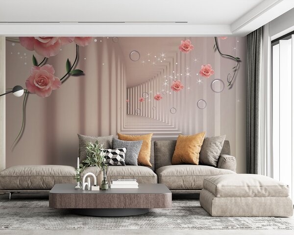 Carta da parati Carta da parati con rose rosa e scale bianche, Carta da parati 3d fiori, Carta da parati popolare, u60194v3 - Tapeko.it
