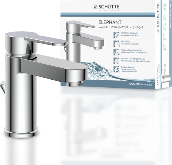 SCHÜTTE ELEPHANT, miscelatore per lavabo con asta di comando, rubinetto da bagno con scarico a scomparsa per lavabo in cromo
