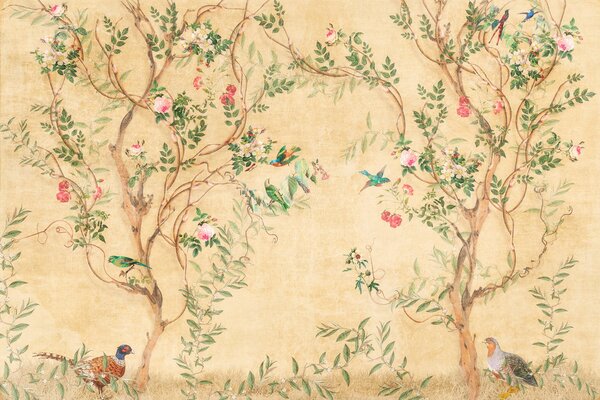 Carta da parati Carta da parati con uccelli e fiori, Carta da parati Natura, Carta da parati popolare, u60295 - Tapeko.it