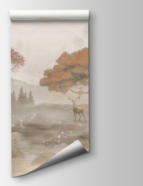 Carta da parati Pittura di una foresta con alberi e montagne, Carta da parati Natura, Carta da parati popolare, u62117 - Tapeko.it