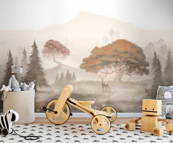 Carta da parati Pittura di una foresta con alberi e montagne, Carta da parati Natura, Carta da parati popolare, u62117 - Tapeko.it