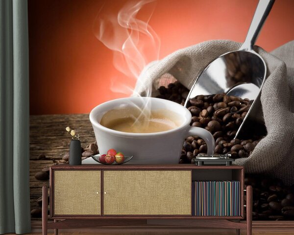 Carta da parati Tazza di caffè con vapore e chicchi di caffè, Carta da parati Cibo e bevande, Carta da parati popolare, u64903 - Tapeko.it