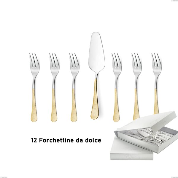 Confezione a libro 13 pezzi, forchettine pi� paletta dolce Hermitage oro, acciaio 18-10, oro 24 carati lucido, spessore 2.5 mm