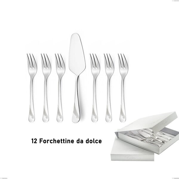 Confezione a libro 13 pezzi, forchettine pi� paletta dolce Milano Inciso , 18/10 (AISI304) acciaio inox Lucido , spessore 2,5 mm