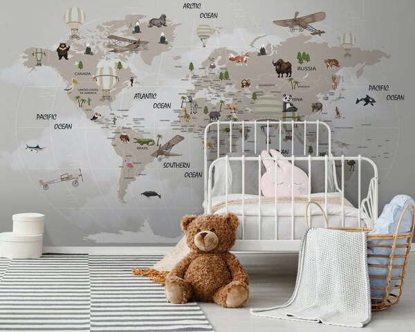 Carta da parati Mappa del mondo con animali, Carta da parati per Bambini, Carta da parati popolare, u93386 - Tapeko.it