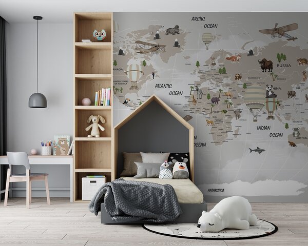 Carta da parati Mappa del mondo con animali, Carta da parati per Bambini, Carta da parati popolare, u93386 - Tapeko.it