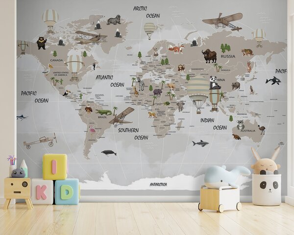Carta da parati Mappa del mondo con animali, Carta da parati per Bambini, Carta da parati popolare, u93386 - Tapeko.it