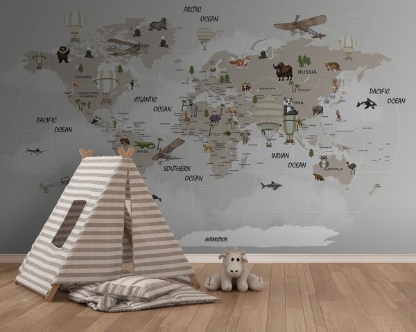Carta da parati Mappa del mondo con animali, Carta da parati per Bambini, Carta da parati popolare, u93386 - Tapeko.it