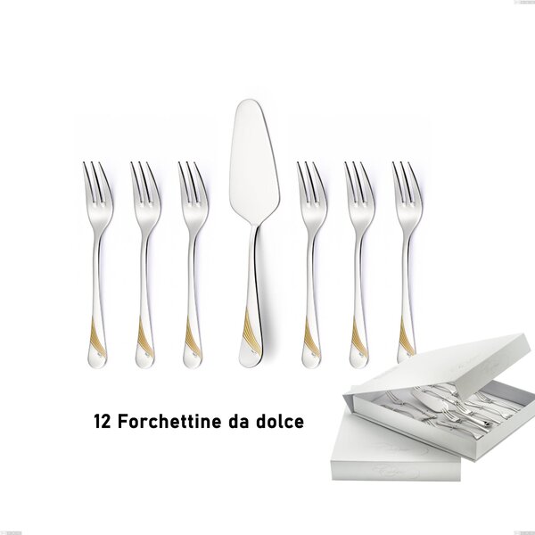 Confezione a libro 13 pezzi, forchettine pi� paletta dolce Milano Inciso Oro , 18/10 (AISI304) finitura inox lucido e oro, spessore 2,5 mm