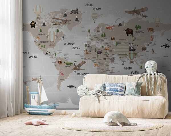 Carta da parati Mappa del mondo con animali, Carta da parati per Bambini, Carta da parati popolare, u93386 - Tapeko.it