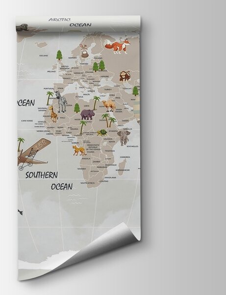 Carta da parati Mappa del mondo con animali, Carta da parati per Bambini, Carta da parati popolare, u93386 - Tapeko.it