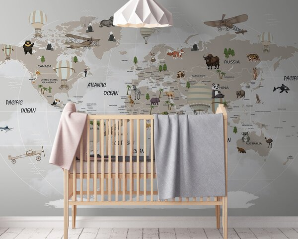 Carta da parati Mappa del mondo con animali, Carta da parati per Bambini, Carta da parati popolare, u93386 - Tapeko.it