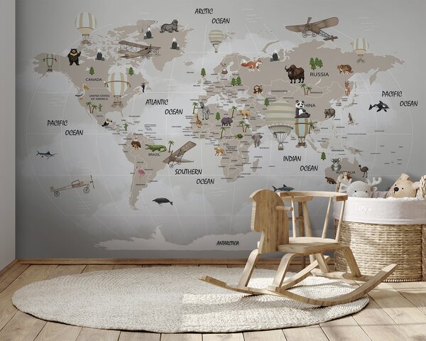 Carta da parati Mappa del mondo con animali, Carta da parati per Bambini, Carta da parati popolare, u93386 - Tapeko.it