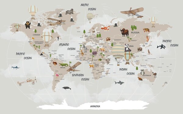 Carta da parati Mappa del mondo con animali, Carta da parati per Bambini, Carta da parati popolare, u93386 - Tapeko.it