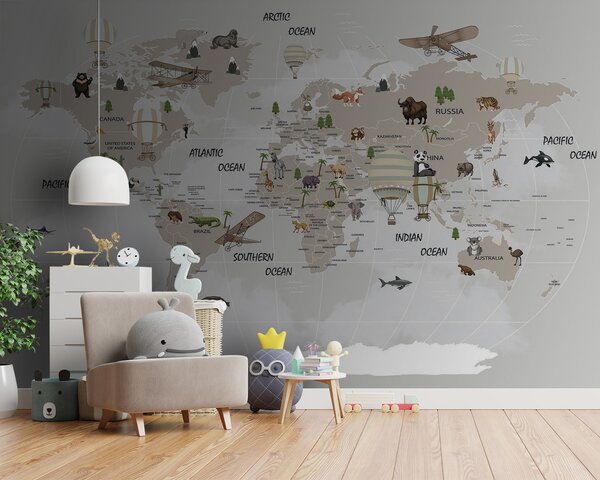 Carta da parati Mappa del mondo con animali, Carta da parati per Bambini, Carta da parati popolare, u93386 - Tapeko.it