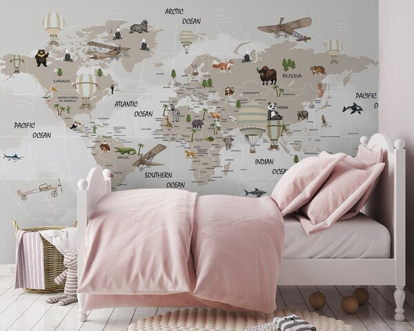 Carta da parati Mappa del mondo con animali, Carta da parati per Bambini, Carta da parati popolare, u93386 - Tapeko.it
