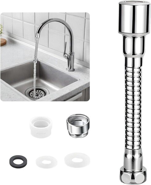 Prolunga per rubinetto da cucina, flessibile, rotazione a 360 gradi, 30 cm, colore argento