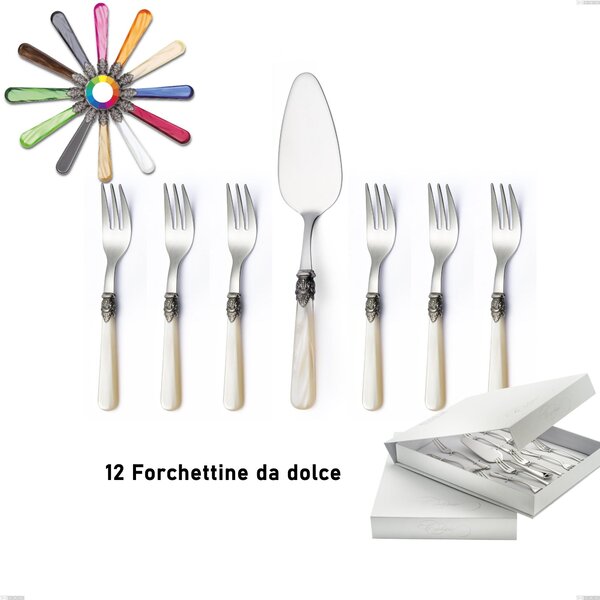 Confezione a libro 13 pezzi, forchettine pi� paletta dolce Napoleon Perlato, (acciaio 18.10 aisi304), manici in metacrilato