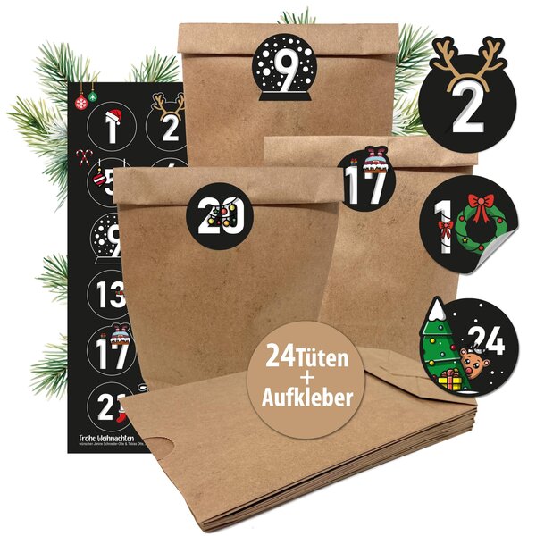 Calendario dell'Avvento - 24 sacchetti di carta kraft XL con adesivi di colore nero per il calendario di Natale individuale - da progettare e riempire da soli. Sacchetti per il calendario dell'Avvento