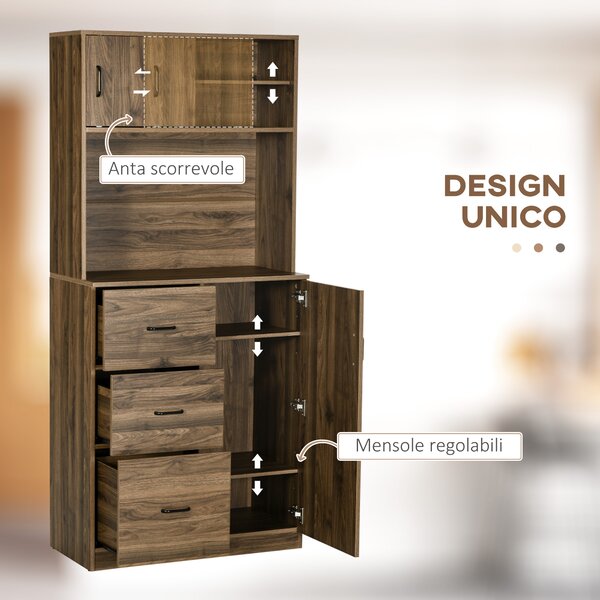 HOMCOM Armadietti Cucina con 3 Cassetti e Credenza Moderna, Mobile Dispensa per Cucina e Soggiorno in Legno, 80x40x178cm, Noce|Aosom