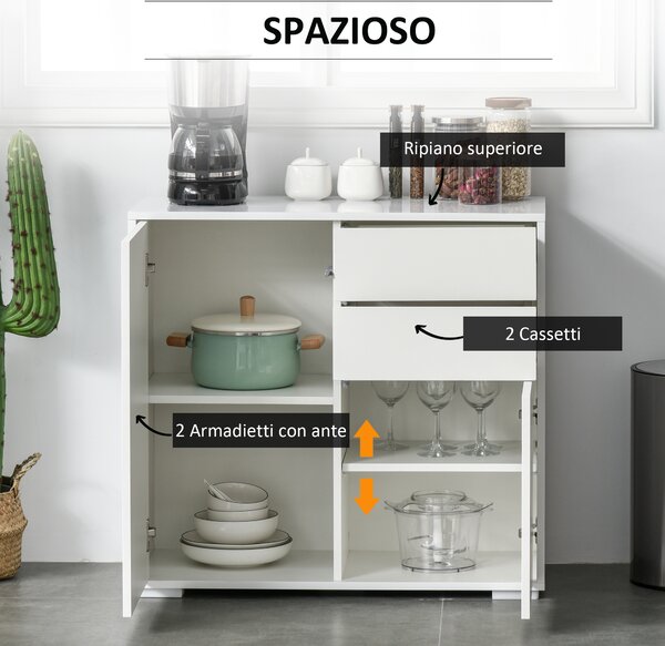 Credenza Multifunzione Moderno con mensole regolabili, 2 Cassetti e 2 Ante a Pressione, linee contemporanee, Bianco Opaco | Aosom Italy