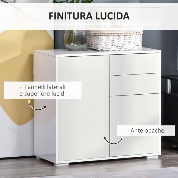 Credenza Multifunzione Moderno con mensole regolabili, 2 Cassetti e 2 Ante a Pressione, linee contemporanee, Bianco Opaco | Aosom Italy