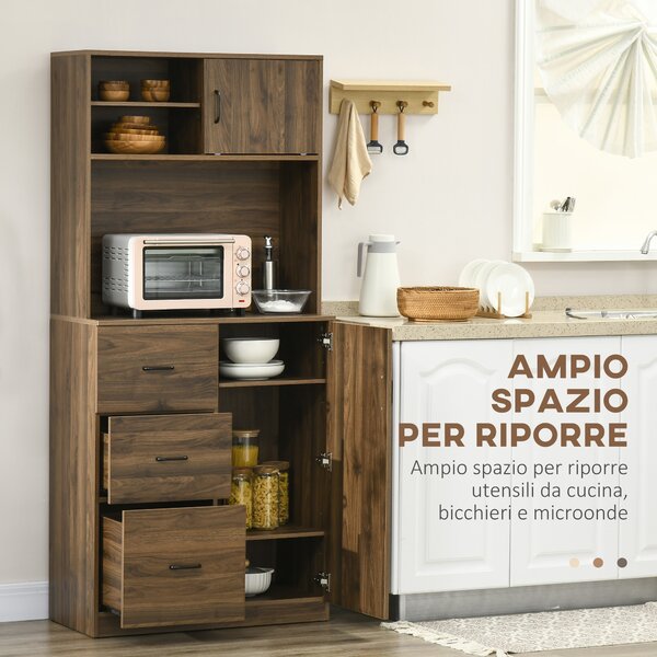 HOMCOM Armadietti Cucina con 3 Cassetti e Credenza Moderna, Mobile Dispensa per Cucina e Soggiorno in Legno, 80x40x178cm, Noce|Aosom