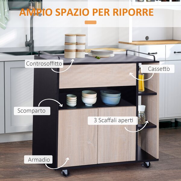 HOMCOM Carrello da Cucina Multiuso Moderno con Ruote Cassetto Anta in Legno Rovere, 76,5x40x82cm|Aosom