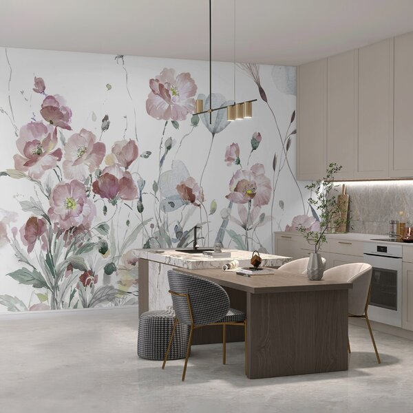 Carta da parati Una danza di fiori ad acquerello su tela bianca, Carta da parati Acquerello, w03256 : Uwalls.it
