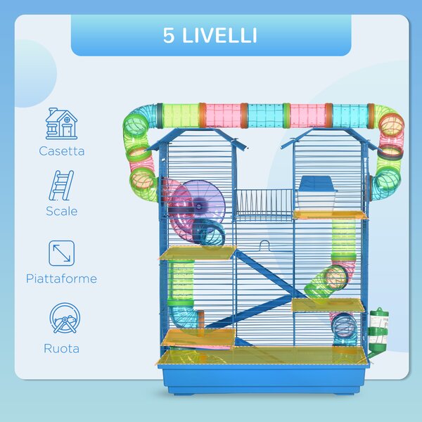 PawHut Gabbia per Criceti e Roditori a 5 Piani con Tubi Colorati e Accessori Inclusi per Gioco e Riposo Blu 47x30x59cm|Aosom