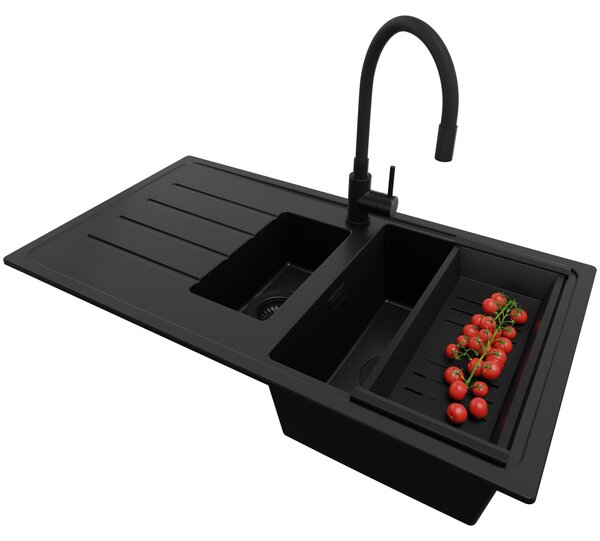 Lavello in granito PRIMAGRAN "Alles Schwarz" 90x50 cm, lavello a 1,5 vasche + rubinetto da cucina 38x14 cm + set di scarico, lavello da cucina per mobili base da 60 cm - Copenhagen Duo