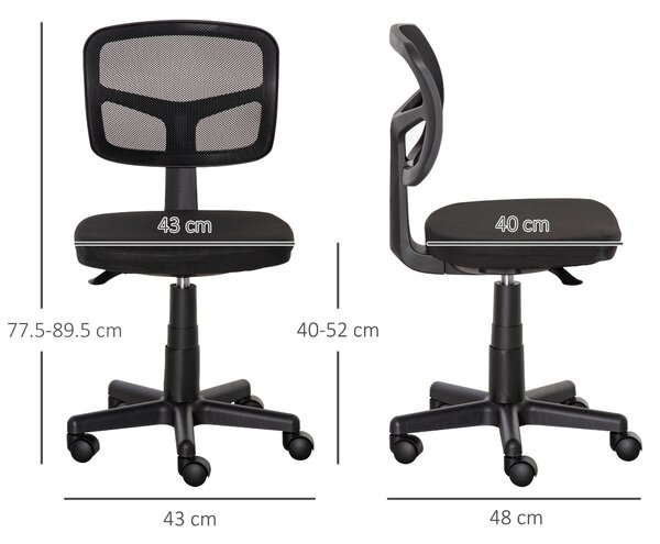 Vinsetto Sedia da Ufficio Ergonomica ad Altezza Regolabile, in Rete Senza Braccioli, sedia girevole con 5 ruote, 43x 48x77.5-89.5cm, Nero|Aosom Italy