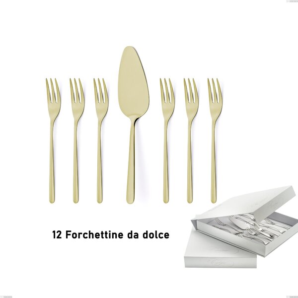 Confezione a libro 13 pezzi, forchettine pi� paletta dolce Venice Tin Gold, Acciaio Inox 18-10 trattamento pvd oro, spessore 4 mm