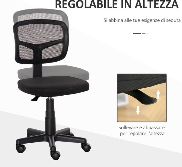 Vinsetto Sedia da Ufficio Ergonomica ad Altezza Regolabile, in Rete Senza Braccioli, sedia girevole con 5 ruote, 43x 48x77.5-89.5cm, Nero|Aosom Italy