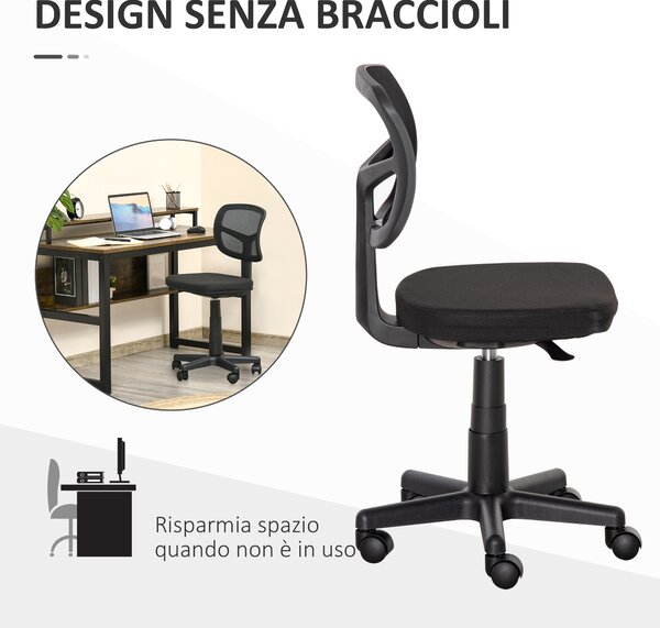 Vinsetto Sedia da Ufficio Ergonomica ad Altezza Regolabile, in Rete Senza Braccioli, sedia girevole con 5 ruote, 43x 48x77.5-89.5cm, Nero|Aosom Italy