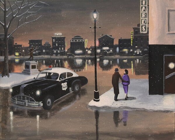 Illustrazione Police Car Patrolling Town at Night, Dave Rheaume Artist