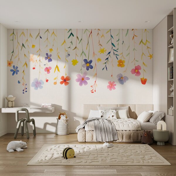 Carta da parati Pittura ad acquerello di fiori e foglie, Carta da parati acquerello sul muro, Carta da parati popolare, w08851 - Tapeko.it