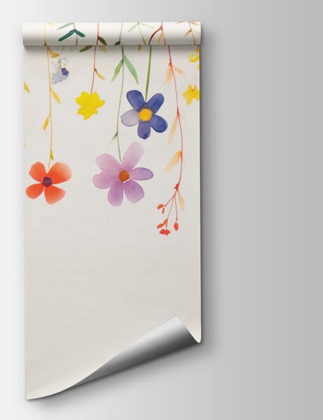 Carta da parati Pittura ad acquerello di fiori e foglie, Carta da parati acquerello sul muro, Carta da parati popolare, w08851 - Tapeko.it