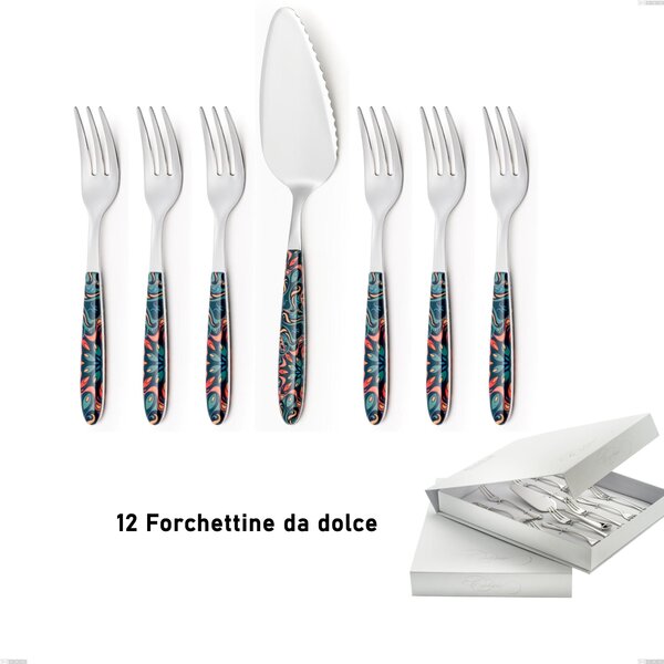 Confezione a libro 13 pezzi, forchettine pi� paletta dolce vero damasco, acciaio 18.0 nickel free, manicatura pbt sublimato acciaio lucido