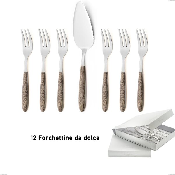 Confezione a libro 13 pezzi, forchettine pi� paletta dolce vero larice, acciaio 18.0 nickel free, manicatura pbt sublimato acciaio lucido