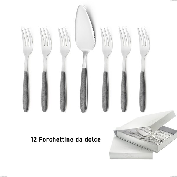 Confezione a libro 13 pezzi, forchettine pi� paletta dolce vero olmo grigio, acciaio 18.0 nickel free, manicatura pbt sublimato acciaio lucido