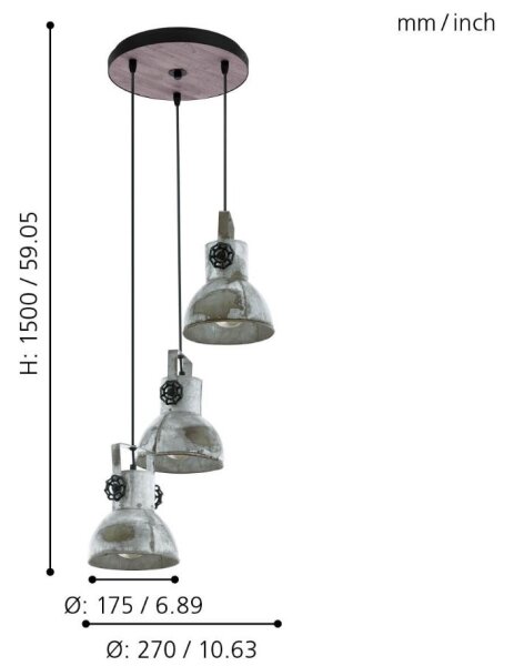 Eglo 79371 - Lampadario a sospensione con cavo BARNSTAPLE 3xE27/40W/230V marrone/patina