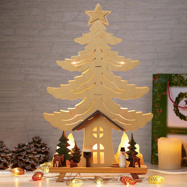 Set da 10 candele decorative a LED in legno: casetta e pupazzo di neve