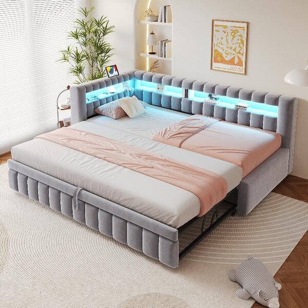 Letto imbottito 90x200 con letto estraibile, divano letto con illuminazione LED, letto in velluto color grigio chiaro con porta USB e porta di tipo C, e testiera con vano portaoggetti