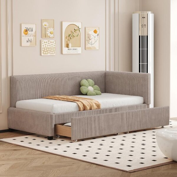 Letto imbottito 90x200 cm con 2 cassetti contenitori e rete a listelli, divano letto rivestito in tessuto vellutato grigio, con schienale e braccioli