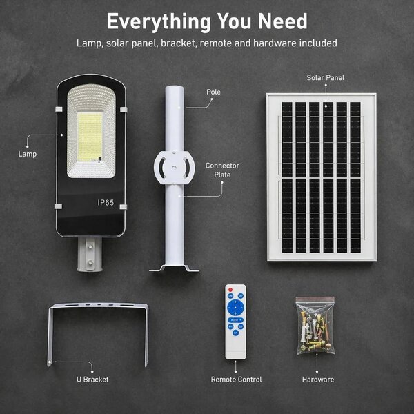 Lampada solare da esterno - Lampione stradale - Batteria al litio da 8000 mAh - Alluminio - LED - Grado di protezione IP65 (resistente all'acqua) - Dimmerabile - 5 metri