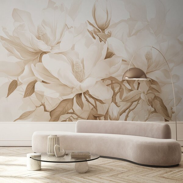 Carta da parati Fiori di magnolia con petali bianchi e beige, foglie e rami marroni, stile acquerello, Carta da parati Floreale, w08886 : Uwalls.it