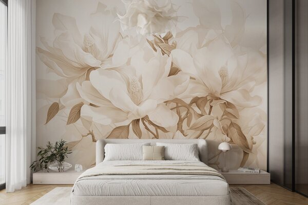 Carta da parati Fiori di magnolia con petali bianchi e beige, foglie e rami marroni, stile acquerello, Carta da parati Floreale, w08886 : Uwalls.it