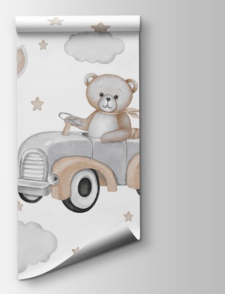 Carta da parati Orsetto che guida un'auto con palloncini, Carta da parati per Ragazze, Carta da parati popolare, w03382 - Tapeko.it